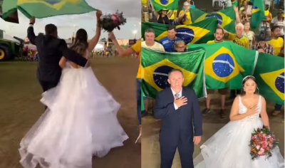 Patriotas de alma e corao, casal encerra cerimnia de casamento junto com manifestantes em Sinop