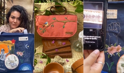 Artes expressa a poesia interior de cada um em bolsas feitas a mo que podem reproduzir msica pelos bordados