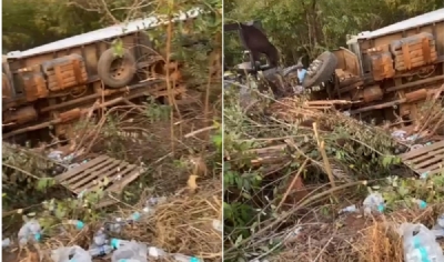 OD - Motorista de caminho de gua perde controle de direo e tomba na Estrada de Chapada